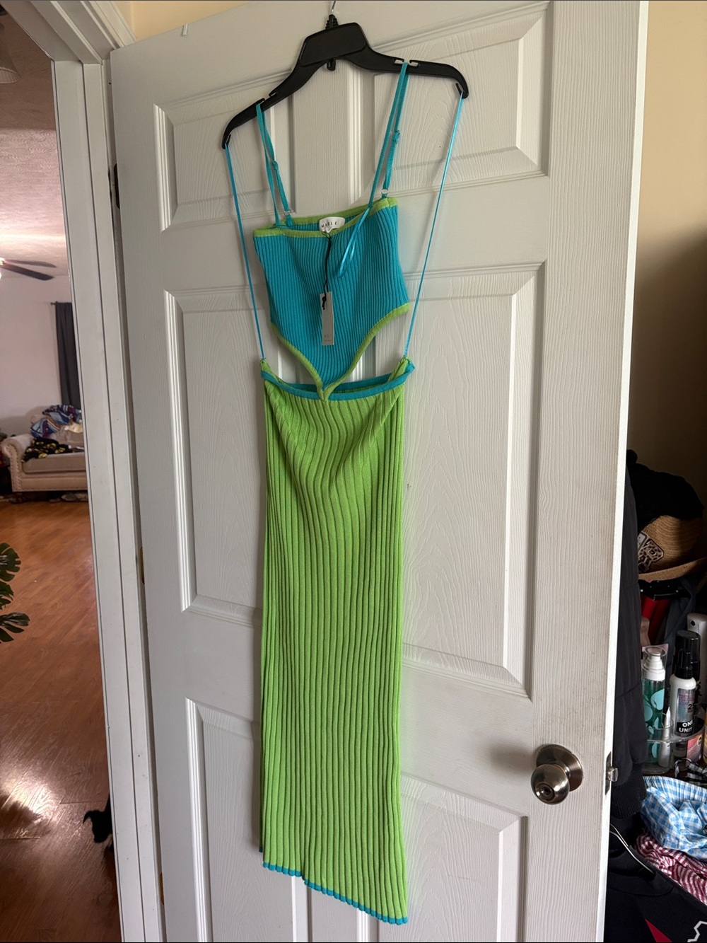 MARBLE Turquoise and Lime Ribbed Cutout Tank